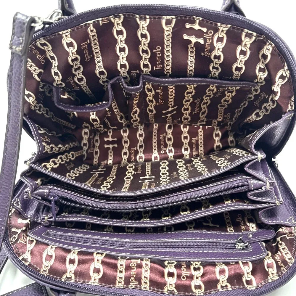Tignanello Fab Function Dome Satchel Plum Purple Pebbled Leather Crossbody Strap